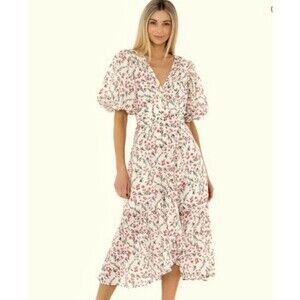 MINKPINK x REVOLVE Kacey Puff Sleeve Wrap Dress Size M Pink Multi Floral Spring